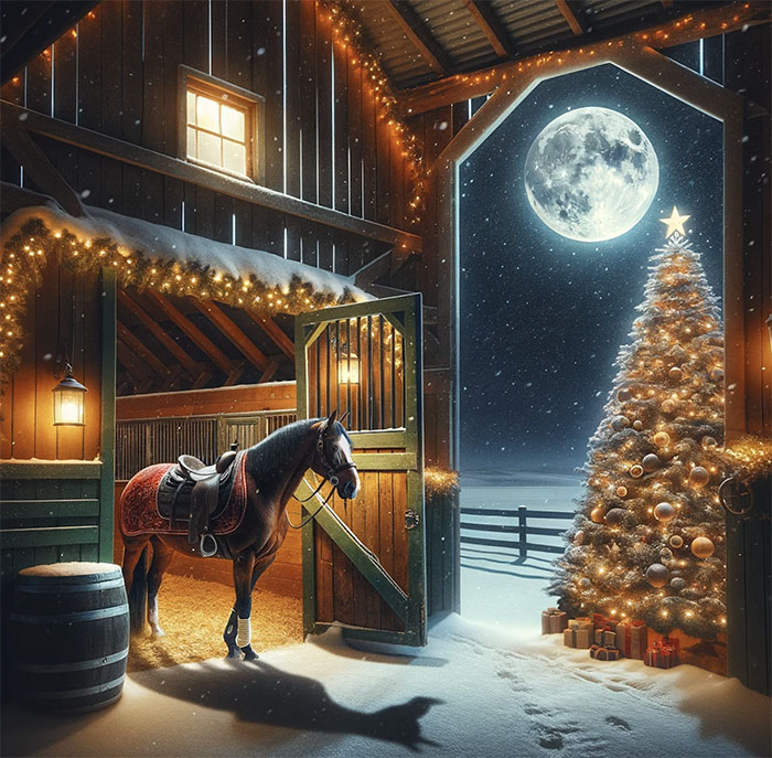 horse in stall on Christmas